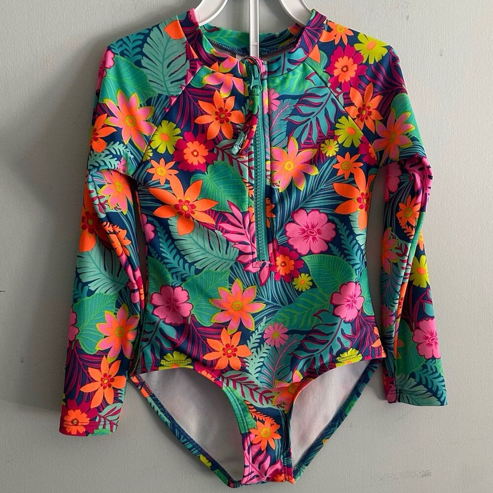 Cat & Jack Target Neon Tropical Print Long Sleeve Zip Front Swimsuit Size XS